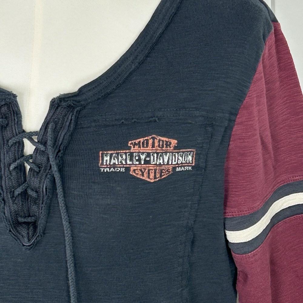 Harley-Davidson Women's Lace-Up Knit Logo Top Black Burgundy Scoop Neck LARGE - Picture 2 of 10